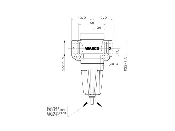 Trykkbegrensningsventil 7,8 bar ved 10 bar inn M22x1,5 - Wabco 4750103080