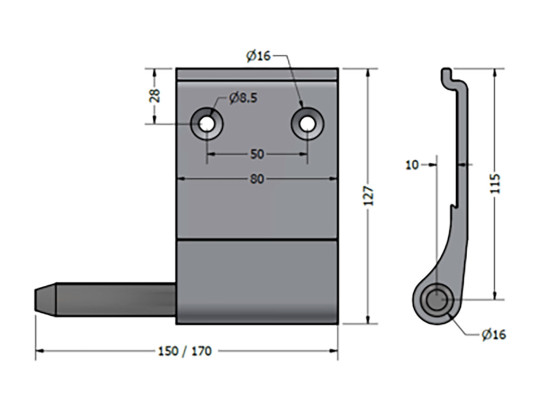 Hengsel Venstre 170mm lang tapp