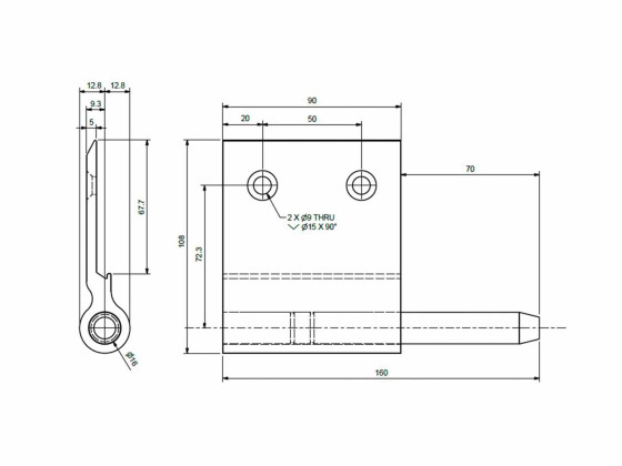 Hengsel Rett alu H m/tap 160/90mm Uten tilbehør