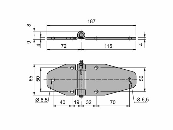 Hengsel plan med smørenippel, galv - L187xB65mm
