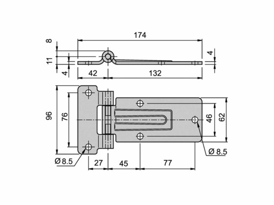 Sidedørshengsel 132/174mm plan 180° - 2334