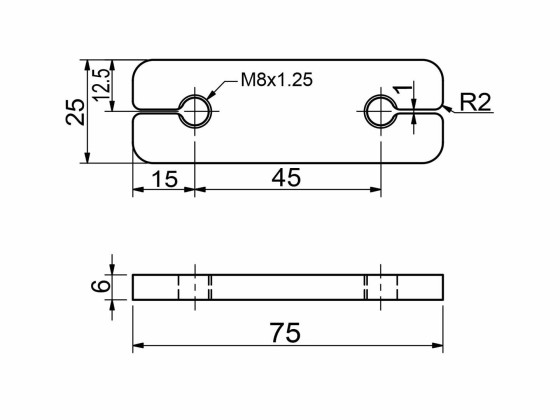 Mothold f/ platehengsl 350083,350084 - 75x25x6 mm. m/ 2 huller,  M8  - Rustfri