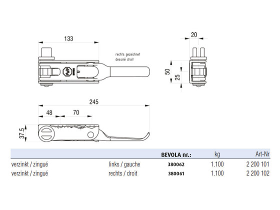 Presenningsstrammer PWP Venstre betjent. m/sliss, D=36mm,  2 200 101