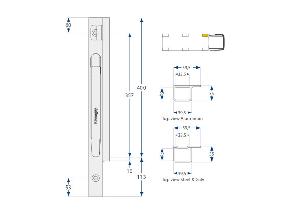 Forstolpe K20 400mm alu venstre boltmontering - Kinnegrip 204302-B