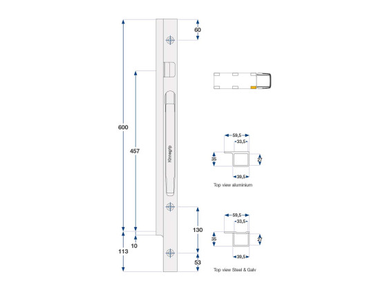 Forstolpe K20 600mm alu høyre boltmontering - Kinnegrip 206402-B