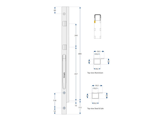 Forstolpe K20 800mm alu højre boltmontet 2-port - Kinnegrip 208402-B