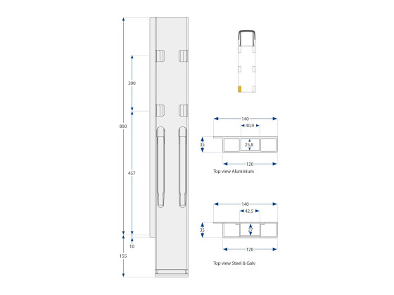Bakstolpe K20 800mm alu bred dobbel venst. 2-port - Kinnegrip 208902