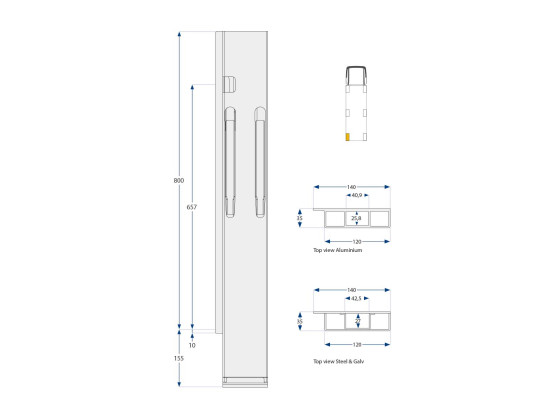 Bakstolpe K20 800mm alu bred enkel venstre 1-port - Kinnegrip 208742