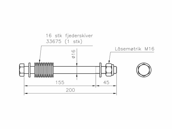 Boltsett M16x200 mm  - m/16 stk tallerkenfjærer - 3367