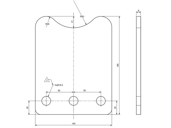 Platefeste, 140x180x8 mm 3-hull 3xØ16,5 RÅ