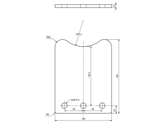 Chassifeste 150x195x8 m/3xØ14,5 mm. hull - Dekatdert plate (uten glødeskall)