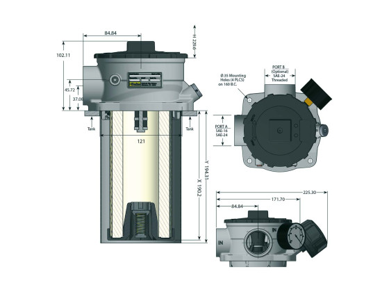 Returfilter tankmont GLF21 450mm 250l/min - Parker GLF21 10QI B LP