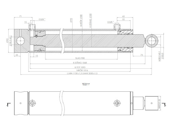 MC Dobbeltvirkende Sylinder 92/80x50x900mm 30,5-30,5mm 3/8" - X900979