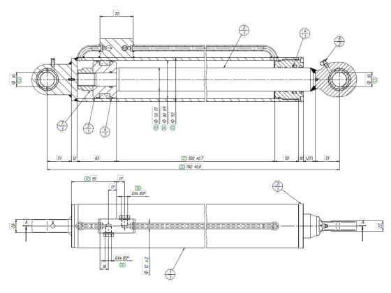 Dobbeltvirkende Sylinder 92/80x50x500 mm. 30x30 mm.  Ø12x2 mm. feedpipes