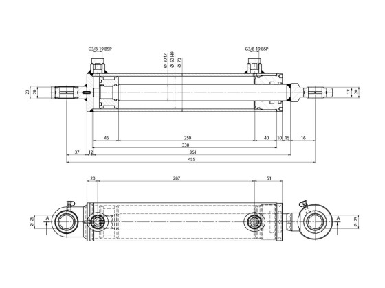 Dobbeltvirkende syl 70/60x30x250 Ø25 - XE650500290HM13