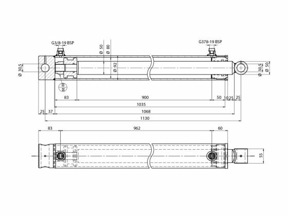 Dobbeltvirkende Sylinder 92/80x50x900mm 30,5-30,5mm 3/8" - XE650500160HM85