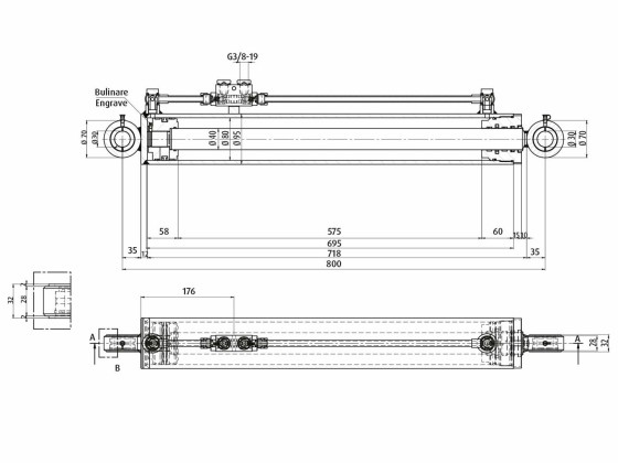 Sylinder dobbeltvirkende D/A 95/80x40x575 - m/pilot. tilbakeslagsventil XE650500510HM15