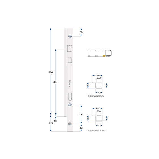 Forstolpe K20 600mm alu høyre boltmontering - Kinnegrip 206402-B