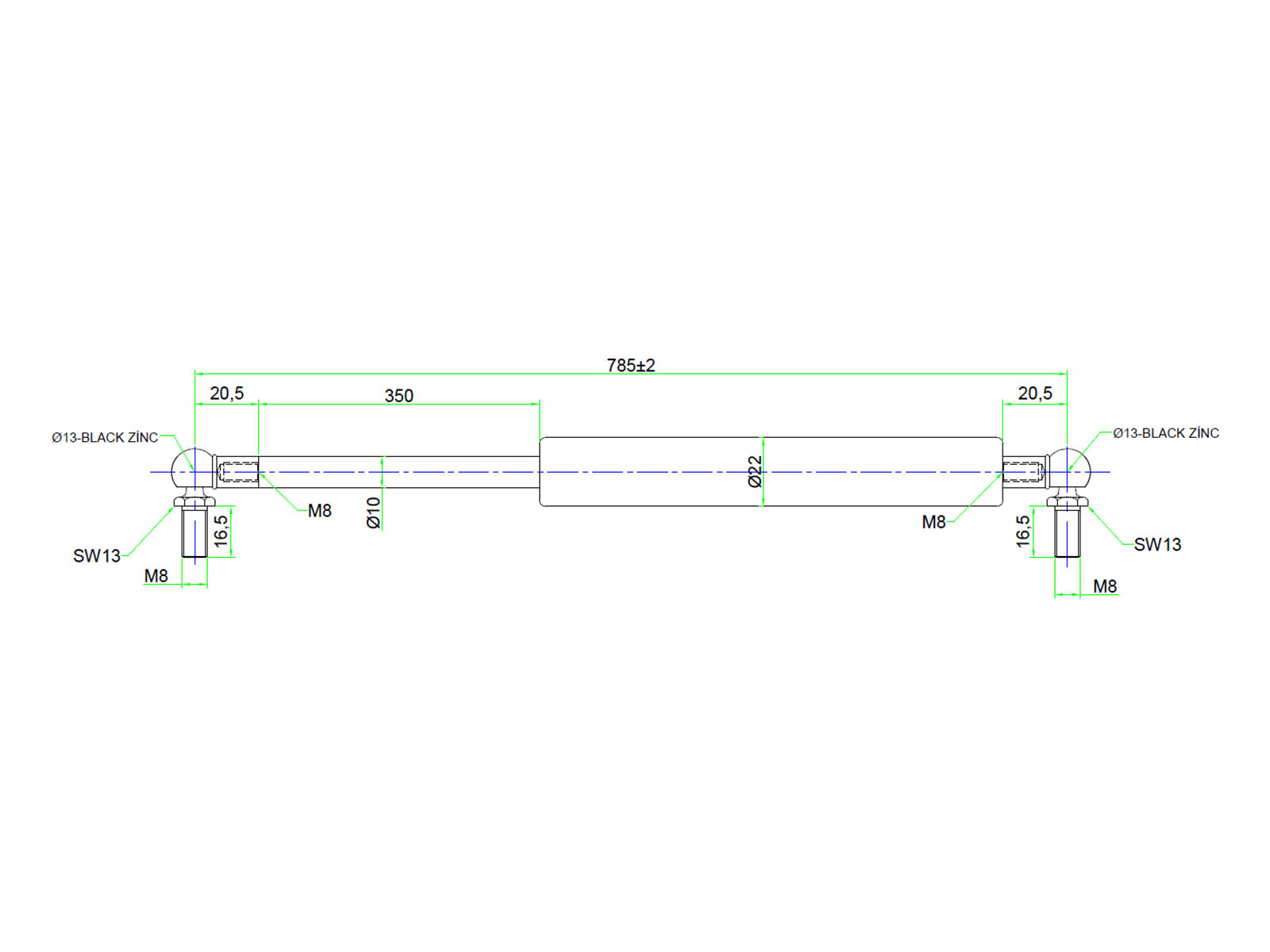 Gassdemper 600N, 785mm m/M8 kule - 1001228 - Tysse Mek. Verksted AS