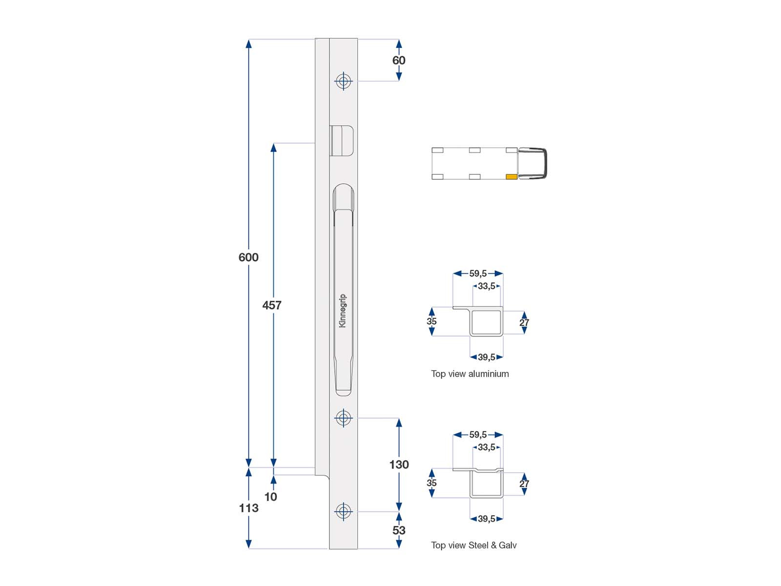Forstolpe K20 600mm alu højre boltmonteret - Kinnegrip 206402-B