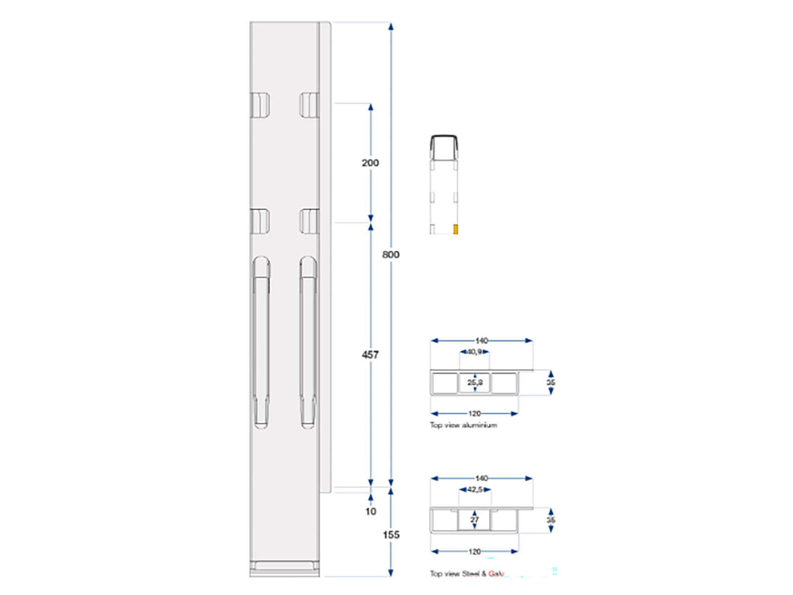 Bakstolpe alu høyre  bd  800mm K20 2-port - 208002