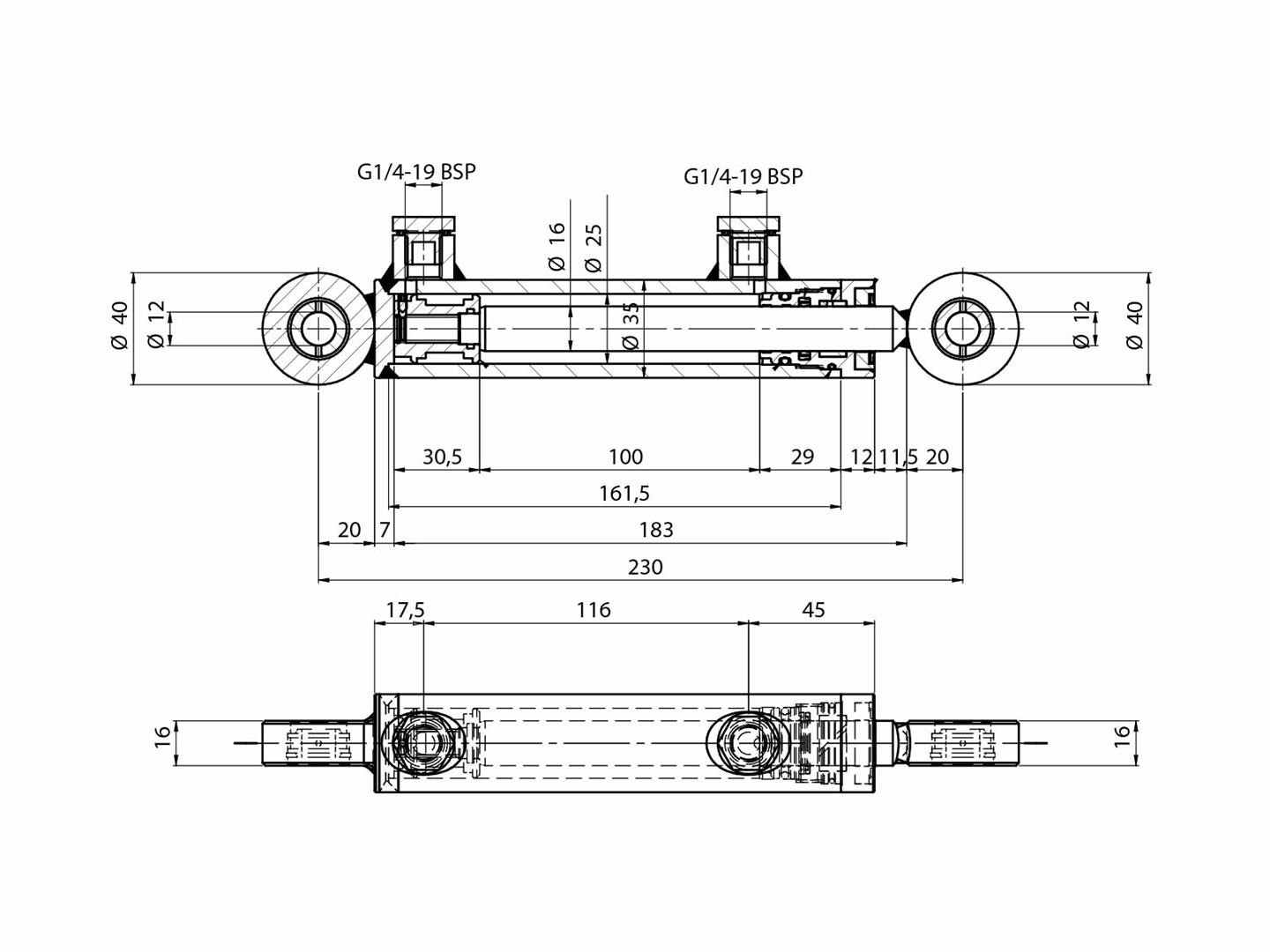 Dobbeltvirk. Cylinder H9 35/25x16x100mm 12x12mm