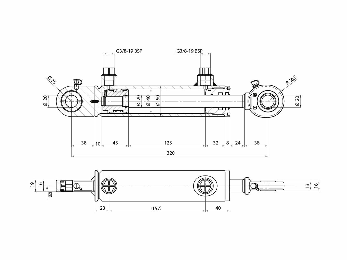 Dobbeltvirkende sylinder DE 50/40x20x12mm CC 320mm Ø 25mm - XE650500450HM11