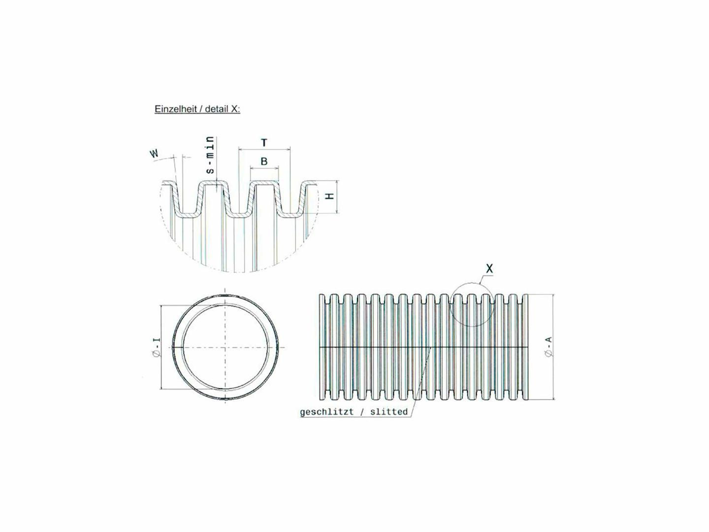 Polyflex Rillerør 17mm, sort, slidset - PP Temp. -40° til +130°, UV-bestandig - Ø21mm udv. Ø16,8 indv - 50mtr/rl.