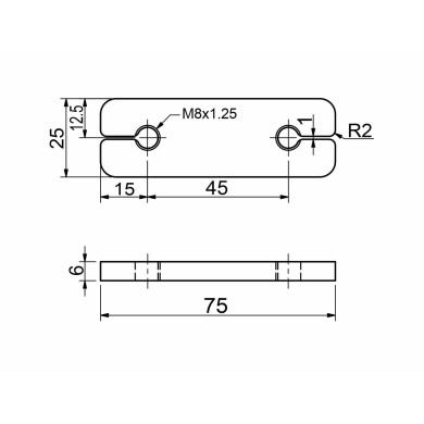 Mothold f/ platehengsl 350083,350084 - 75x25x6 mm. m/ 2 huller,  M8  - Rustfri