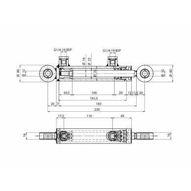 Dobbeltvirk. Cylinder H9 35/25x16x100mm 12x12mm