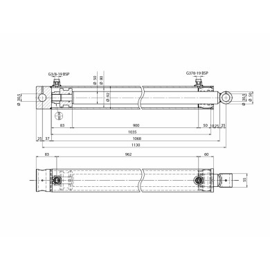 Dobbeltvirkende Sylinder 92/80x50x900mm 30,5-30,5mm 3/8"   XE650500160HM85