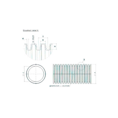 Polyflex Rillerør 37mm, sort, slidset - PP Temp. -40° til +130°, UV-bestandig - Ø41,6mm udv. Ø33,8 mm indv. - 25mtr/rl.